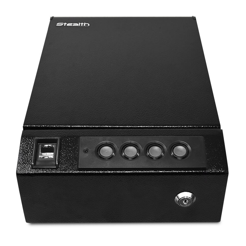 An open Stealth SwiftVault 2.0 Auto-Open Biometric Pistol Safe, part of the Dean Safe handgun safe collection